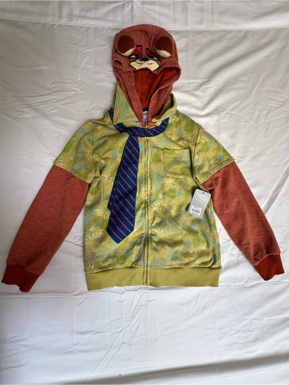 Disney Yellow-Green Tropical Zip Hoodie with Rust Red Hood & Sleeves